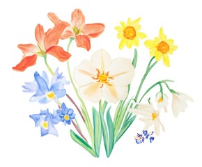 Watercolor Painting of Spring Flowers Blooming