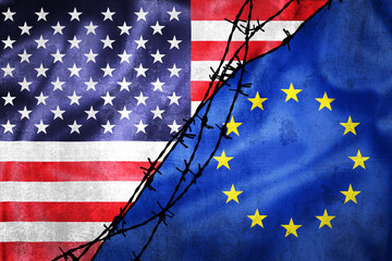Grunge flags of USA and EU divided by barb wire illustration © xbrchx