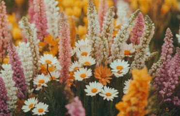 Colorful Flower Field with Daisies, Lavender, and Wildflowers in Full Bloom, Bright Spring Landscape Bathed in Natural Light