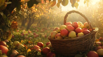 Basket of freshly picked apples surrounded by a vibrant orchard in autumn harvest season
