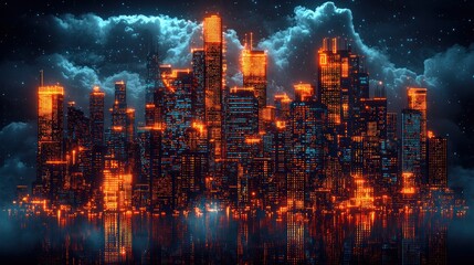 Obraz premium Neon Metropolis Nightscape: A Futuristic City Skyline Glowing Under a Starry Sky