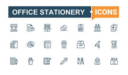 Office Stationery icon. Related to office, office supplies, office equipment, pencil, education, document and more. Stationery icons. Thin linear style icons. Vector artwork and illustration.