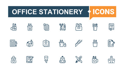 Office Stationery icon. Related to office, office supplies, office equipment, pencil, education, document and more. Stationery icons. Thin linear style icons. Vector artwork and illustration.
