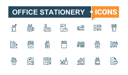 Office Stationery icon. Related to office, office supplies, office equipment, pencil, education, document and more. Stationery icons. Thin linear style icons. Vector artwork and illustration.