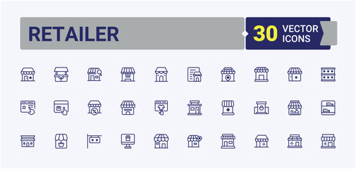Retailer line icons. Includes thin line cart, shopping, shop, product, business, market, sale and more. Store line and solid icons. Editable vector icon and illustration.