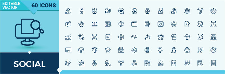 Set of Social line icons. Includes symbols for team, support, care, man, collaboration, society and more. Outline icon collection. Friends minimal icon set. Outline and solid pictogram.