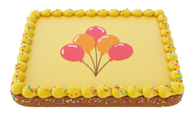 Colorful Yellow Balloon Decorated, Sheet Cake Baked Bakery Dessert with Icing,  Isolated Transparent PNG