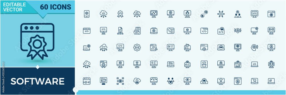 Poster software minimal icon set. containing tool, website, cyberspace, app, program, development, programm
