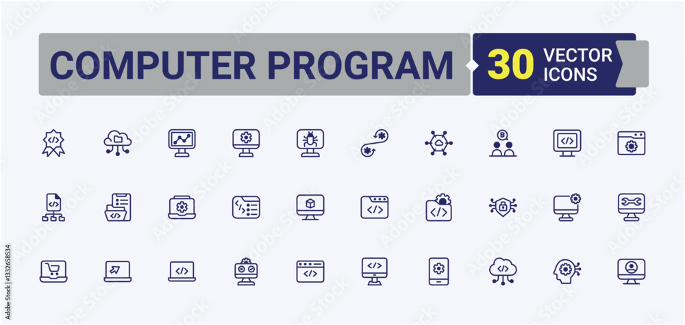 Poster computer program minimal icon set. included web, site, computer, programming, dev, code, technology,