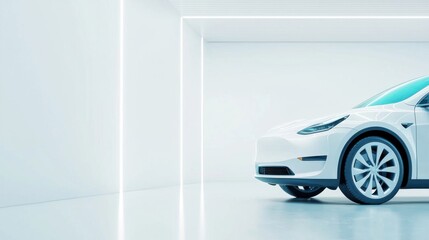 Modern Electric Vehicle in Minimalist Gallery Space with Neon Lights