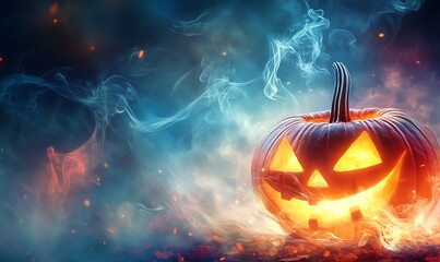 A Glowing Jack O Lantern Surrounded By Swirling Colored Smoke