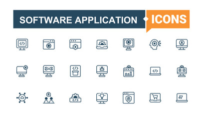 Set of Software Application line icons. It contains symbols to technology, code, programming, web, coding, computer, app and more. Software line icons set. Modern vector illustration.