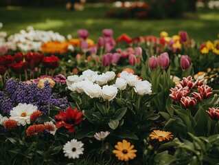Colorful Flower Garden with Vibrant Blooms of Tulips, Roses, and Daisies Welcoming Spring Season in a Lush Green Park
