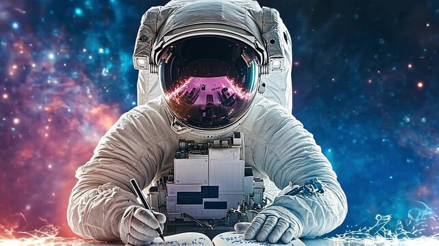 Astronaut writing in notebook while floating in cosmic space environment