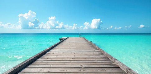Fototapeta premium Rustic gray pier planks, turquoise sea, and bright summer sky meet at the horizon , bright, idyllic