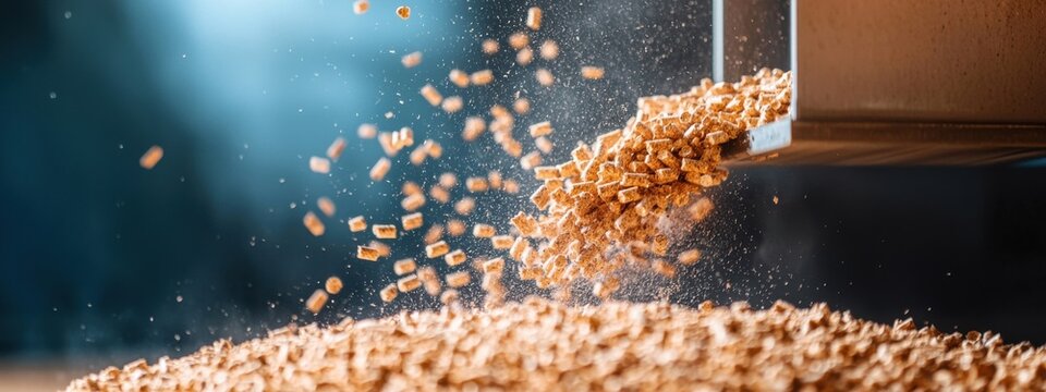 Close up of wood pellets falling from a machine onto the floor
