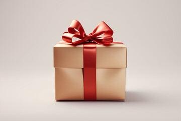 Fototapeta premium A beautifully wrapped gift box adorned with a red ribbon and bow, positioned against a soft, neutral background, ideal for celebrations or special occasions.