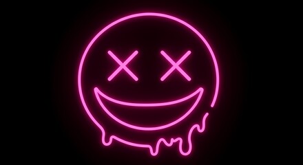 A digital illustration features a neon pink smiling face with "X" shaped eyes and a melting mouth. The background is solid black.