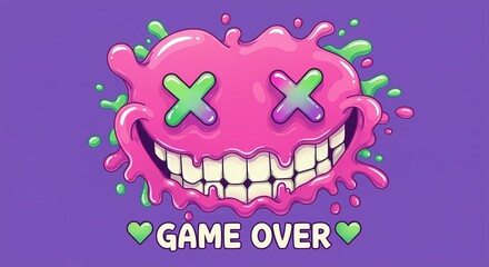A digital illustration features a cartoonish creature with a bright pink amorphous shape, green and purple "X" shaped eyes, and a wide smile with white teeth.