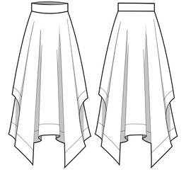 Women's handkerchief Skirt design flat sketch fashion illustration with front and back view, asymmetric full skirt with pleats cad drawing vector template