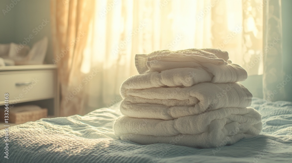 Poster freshly washed towels and linens create a cozy atmosphere in a well-lit bedroom filled with warmth a