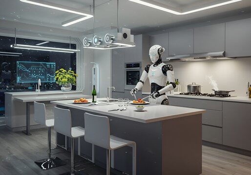 A futuristic kitchen with a humanoid robot cooking