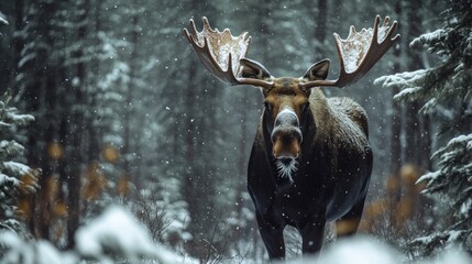 Majestic moose in snowy forest during snowfall portrait, wildlife moment