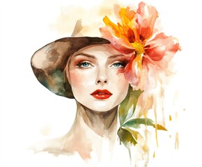 Beautiful woman wearing hat with red flower watercolor painting