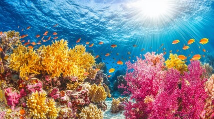 Naklejka premium Vibrant coral reef teeming with colorful fish in a sunlit underwater scene