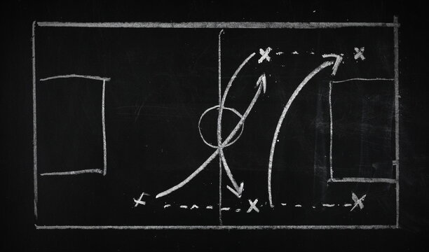 Soccer, football tactics isolated on black blackboard, chalkboard texture	