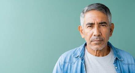 Fototapeta premium Mature hispanic male in denim shirt against teal background
