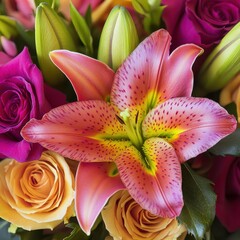 Colorful Floral Arrangement Features Pink Lily and Vibrant Roses, Perfect for Celebrations and Special Occasions