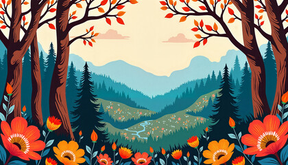 Colorful hand-painted forest landscape with decorative flowers, folk art