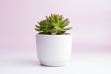 Obraz premium Succulent plant in a modern white pot against a soft pink background, highlighting the vibrant greenery and texture, ideal for home decor and gardening inspiration.