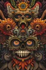 Fototapeta premium Colorful Decorative Skulls Featuring Flowers and Vibrant Elements Celebrating Culture