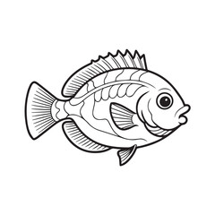 A colorful cartoon tropical fish swimming in clear blue ocean water on a white background