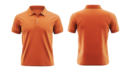 Front and back orange polo shirt mockup, cut out. Isolated on a transparent background.