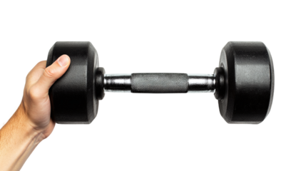 Hand holding a black dumbbell, cut out. Isolated on a transparent background.