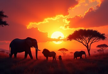 Fototapeta premium majestic savanna landscape featuring vibrant silhouettes wildlife colorful sunset backdrop, acacia, africa, animals, adventure, aesthetic, dawn, dusk