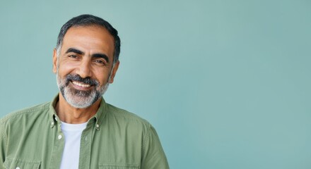 Fototapeta premium Smiling mature male in green shirt against blue background