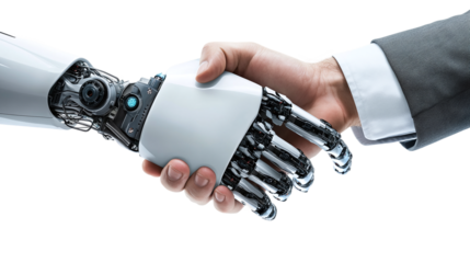 Handshake between man and robot, sign of technological progress. based on generative ai. Isolated on a transparent background.