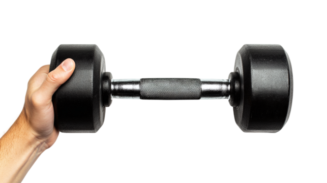 Hand holding a black dumbbell, cut out. Isolated on a transparent background.