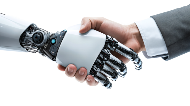 Handshake between man and robot, sign of technological progress. based on generative ai. Isolated on a transparent background.