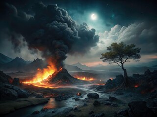 Eerie Burning Landscape: Dark Sky Desolate Terrain Night Fire Photography