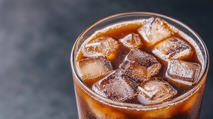 A refreshing glass of iced drink with ice cubes, showcasing a dark beverage, perfect for cooling off on a warm day.