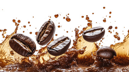 Roasted coffee beans in splashes of delicious coffee, cut out. Isolated on a transparent background.