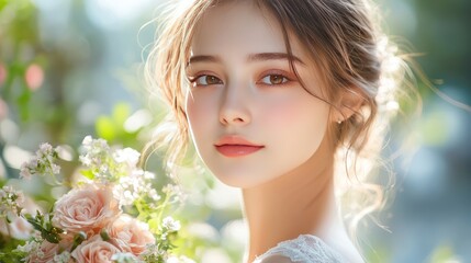 Fototapeta premium A bride holding a lush peach rose bouquet, the flowers arranged in an elegant cascade, with delicate pink and ivory blooms complementing the peach roses.