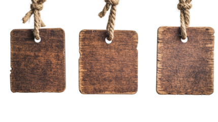Set of wooden signs hanging on ropes, cut out. Isolated on a transparent background.