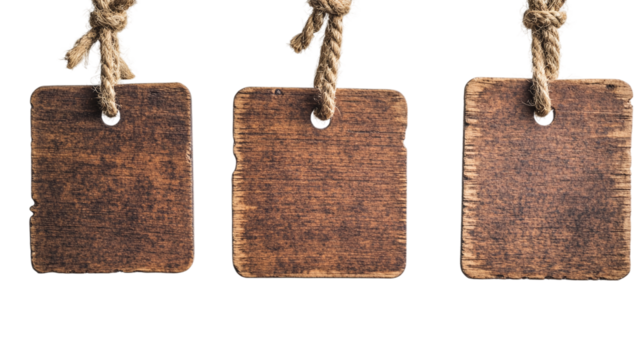 Set of wooden signs hanging on ropes, cut out. Isolated on a transparent background.