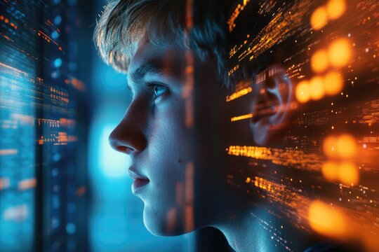A young programmer's face merges with flowing digital code, symbolizing the connection between human ingenuity and technology.
